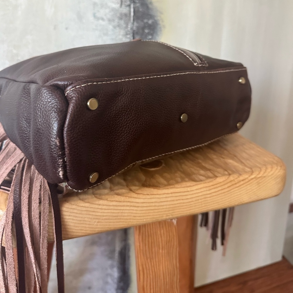 Brown and Cream Leather Fringe Handbag - Picture 9 of 9